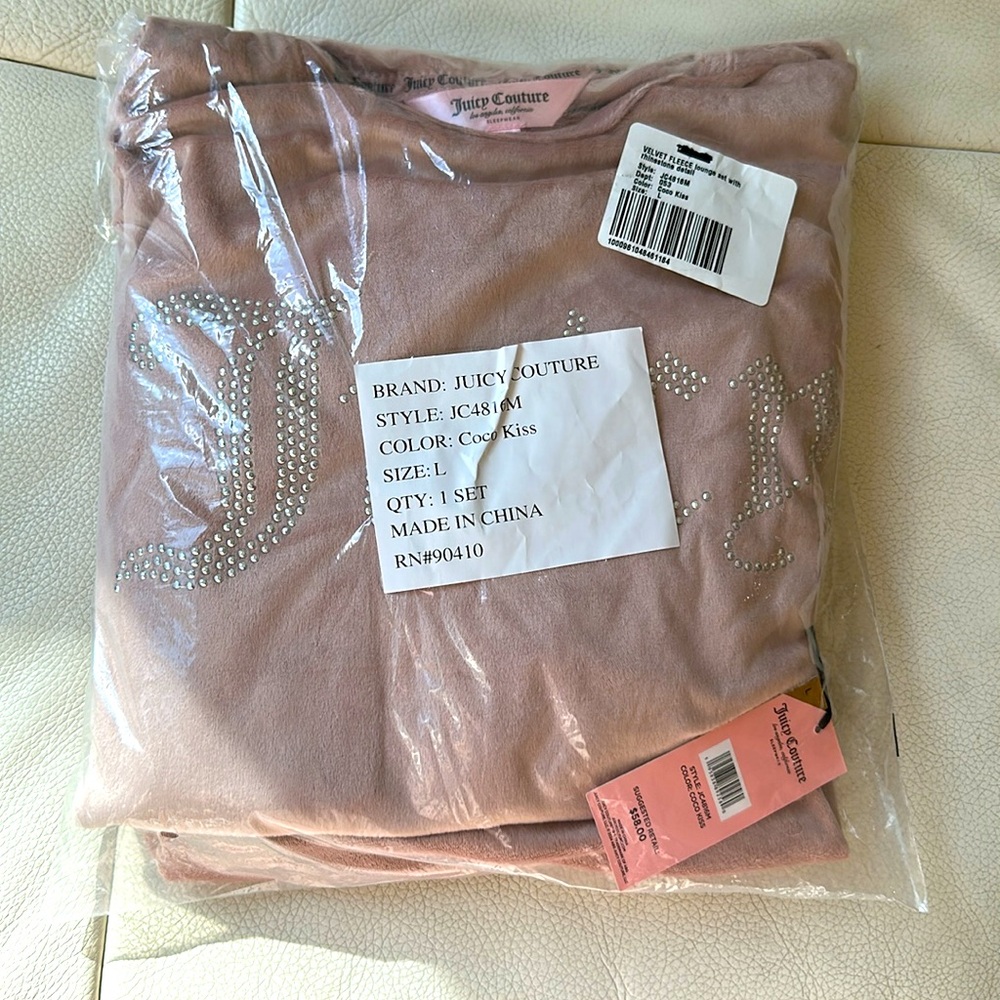 NWT JUICY COUTURE Coco Kiss 2pc Velvet Lounge Top&Pants Set With Rhinestone Logo - Picture 3 of 7
